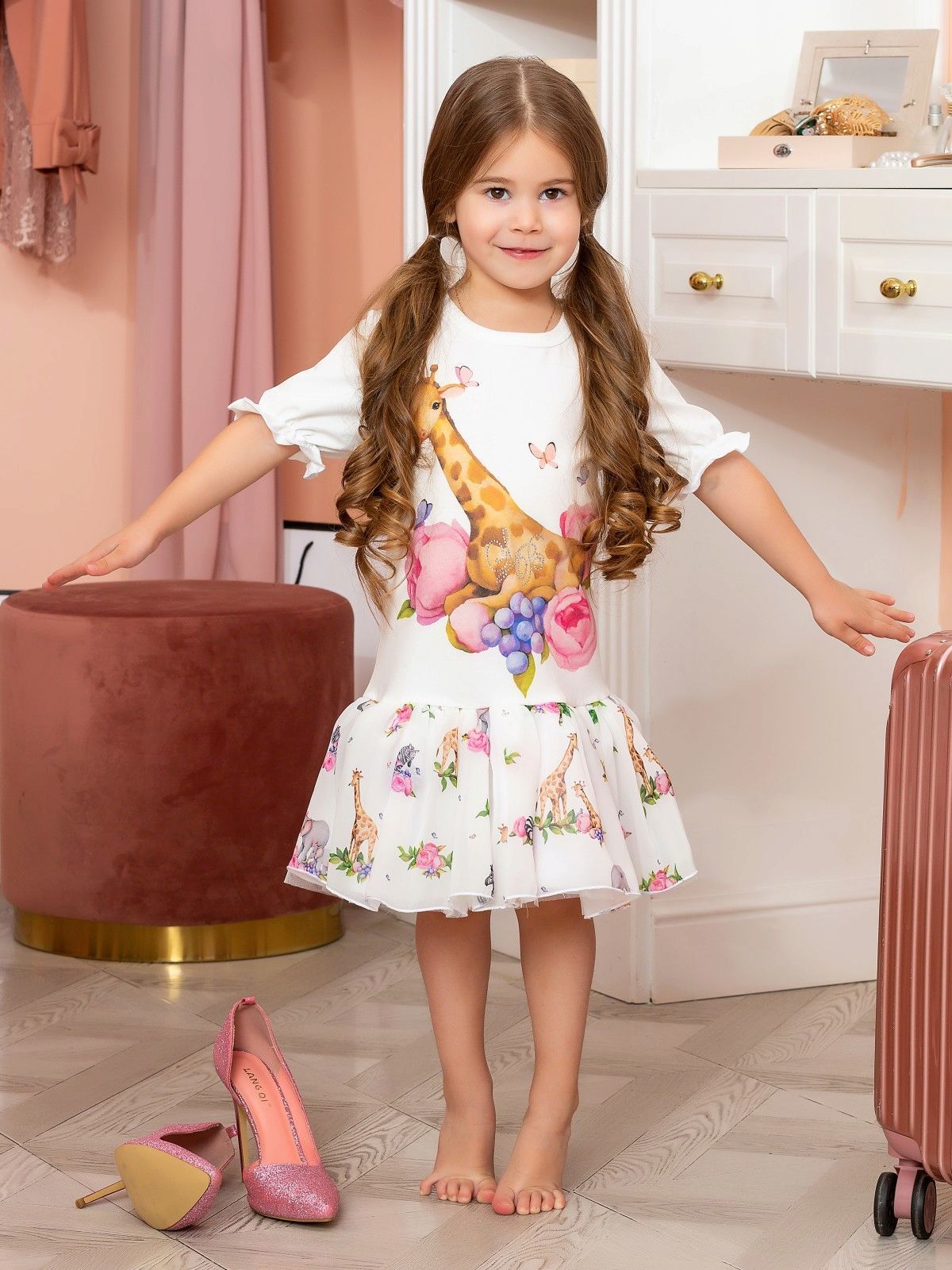 Летнее платье с коротким рукавом "Жираф в цветах" Luxury Baby